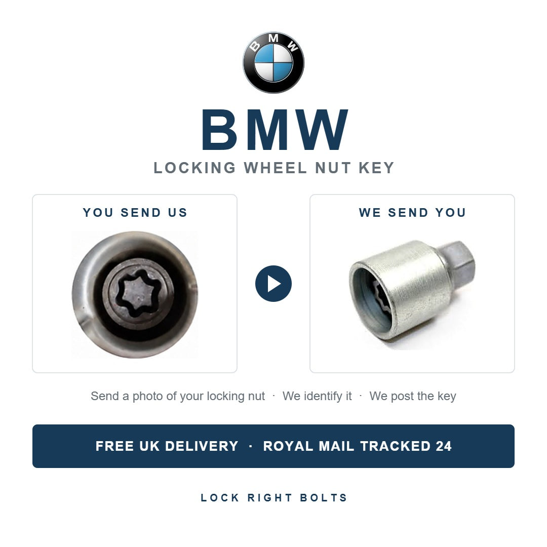 BMW locking wheel nut key photo matching service - send a photo of your locking nut, we send the matching key. Free UK delivery.