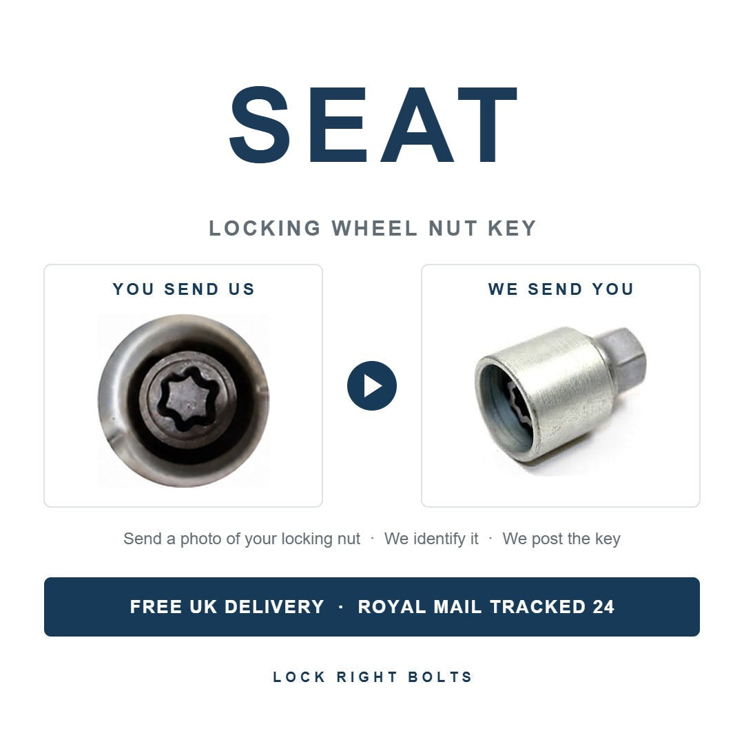 Seat locking wheel nut key photo matching service - send a photo of your locking nut, we send the matching key. Free UK delivery.