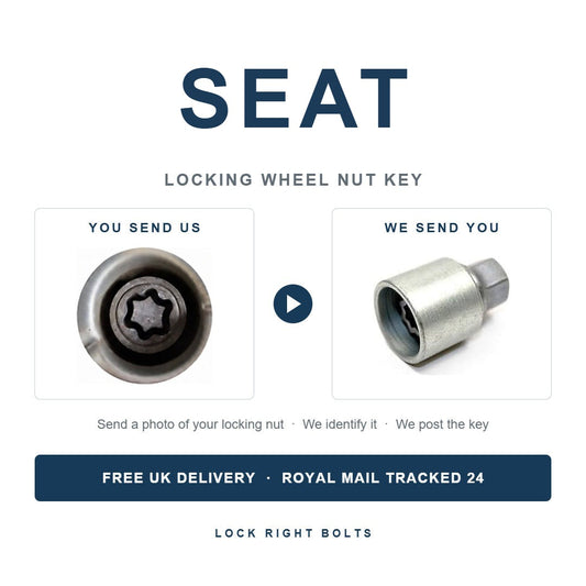 Seat locking wheel nut key photo matching service - send a photo of your locking nut, we send the matching key. Free UK delivery.
